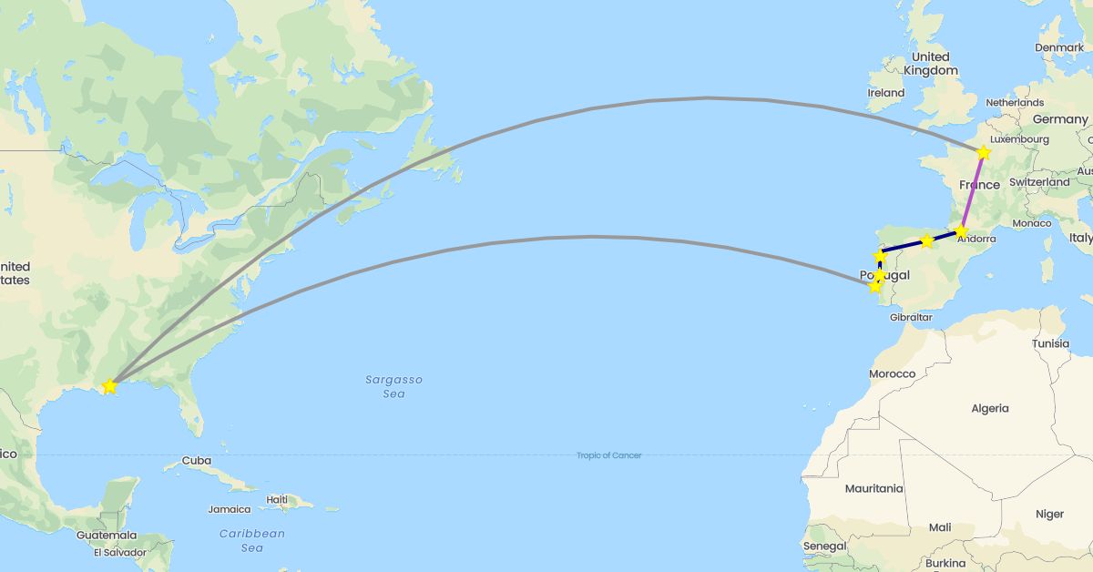 TravelMap itinerary: driving, plane, train in Spain, France, Portugal, United States (Europe, North America)