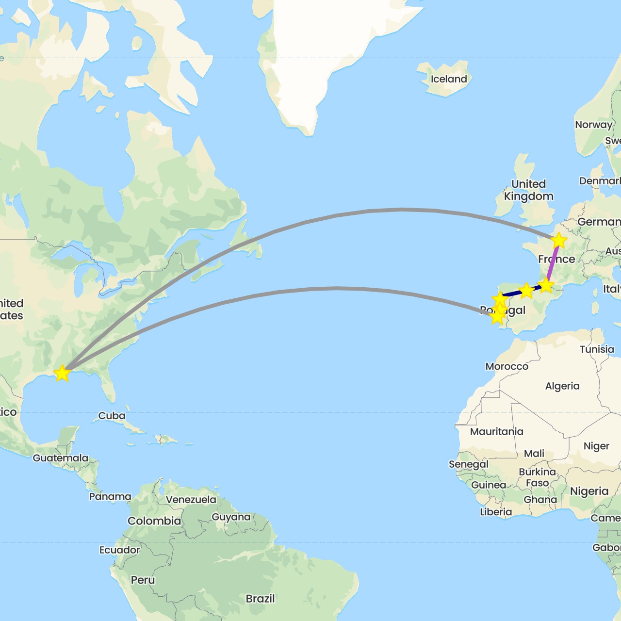 TravelMap itinerary: driving, plane, train in Spain, France, Portugal, United States (Europe, North America)