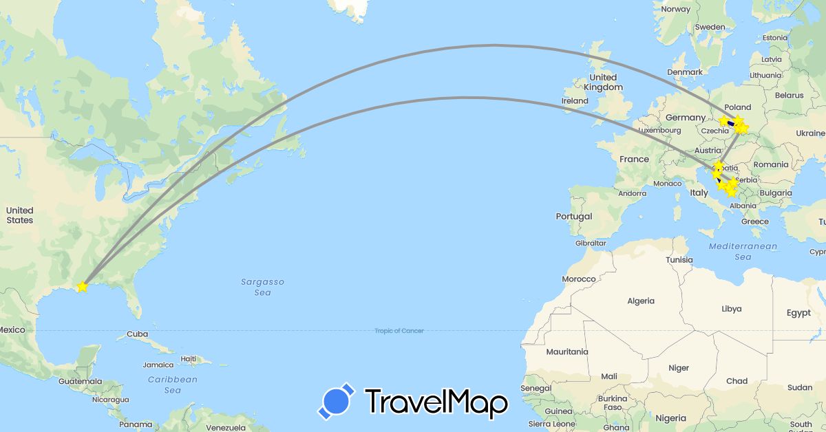 TravelMap itinerary: driving, plane in Bosnia and Herzegovina, Croatia, Poland, United States (Europe, North America)