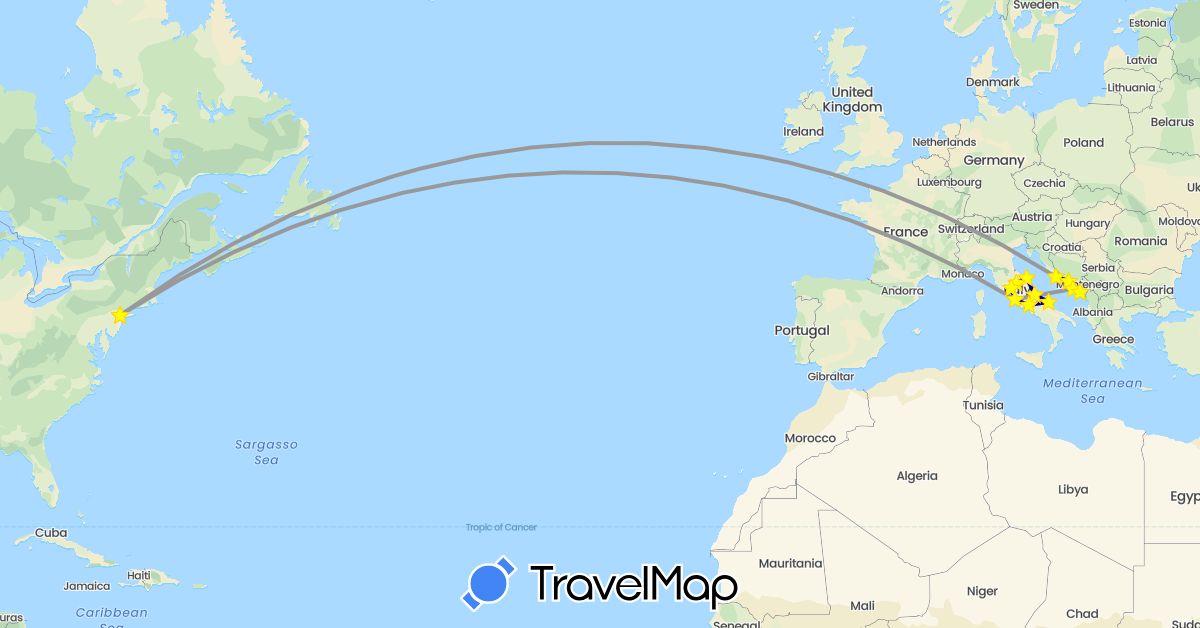 TravelMap itinerary: driving, plane in Bosnia and Herzegovina, Croatia, Italy, Montenegro, United States (Europe, North America)