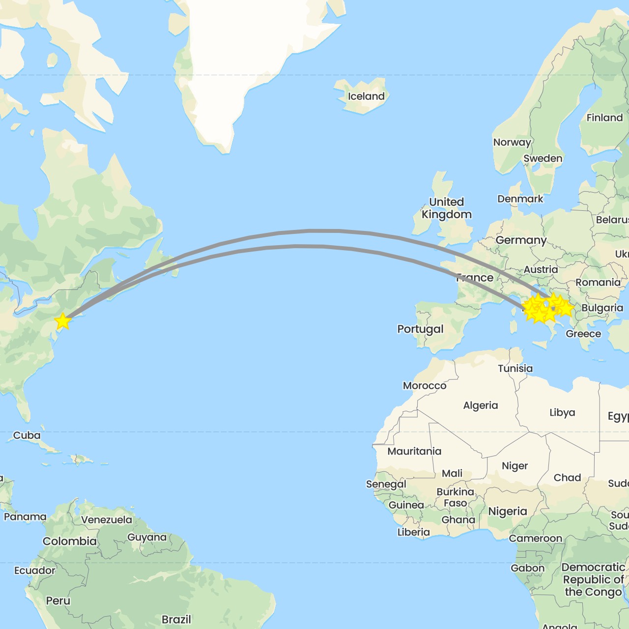 TravelMap itinerary: driving, plane in Bosnia and Herzegovina, Croatia, Italy, Montenegro, United States (Europe, North America)