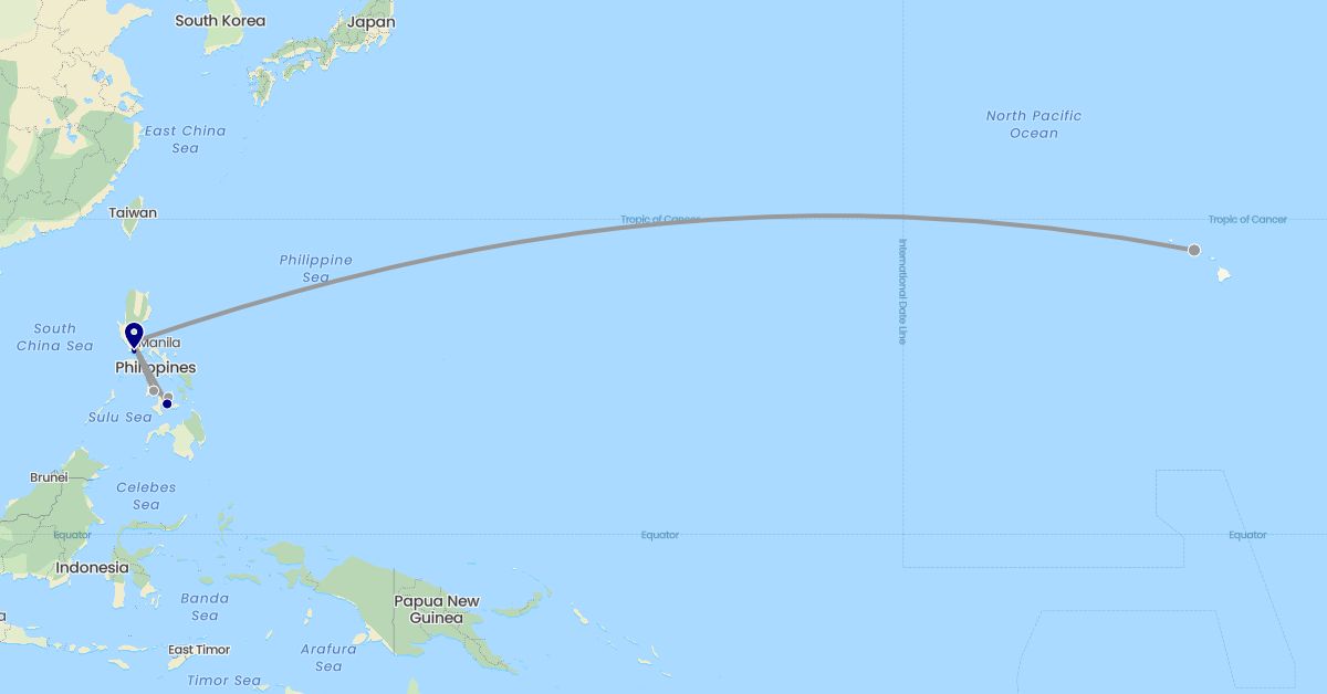 TravelMap itinerary: driving, plane in Philippines, United States (Asia, North America)