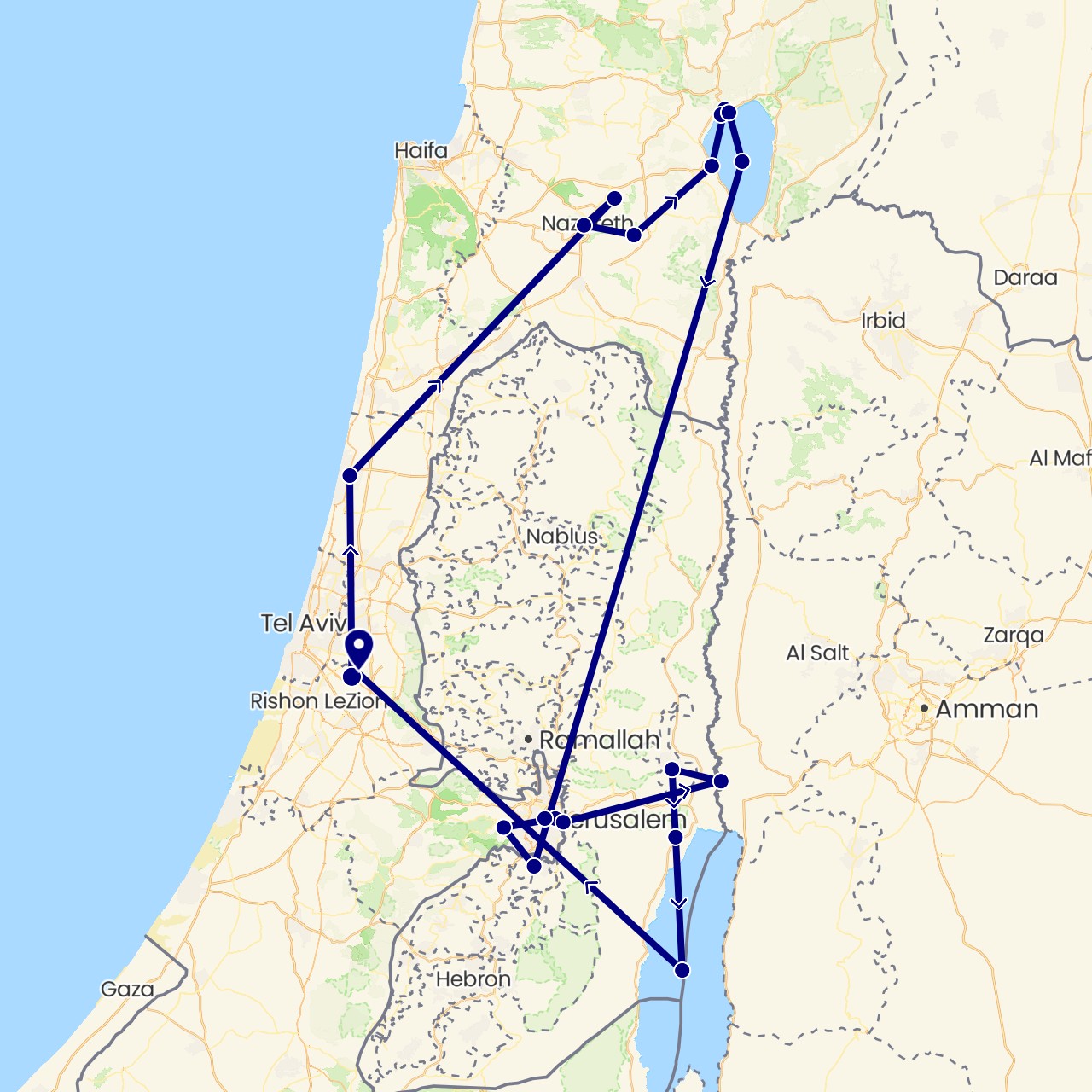 TravelMap itinerary: driving in Israel, Jordan, Palestinian Territories (Asia)