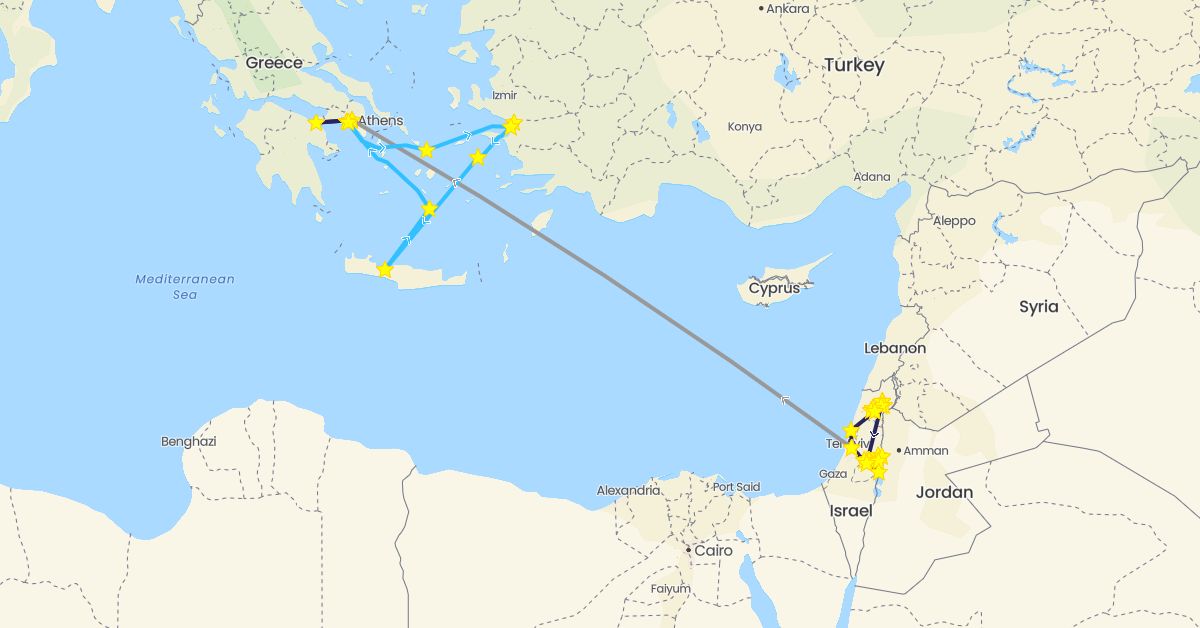 TravelMap itinerary: plane, boat, nativity bus in Greece, Israel, Jordan, Palestinian Territories, Turkey (Asia, Europe)
