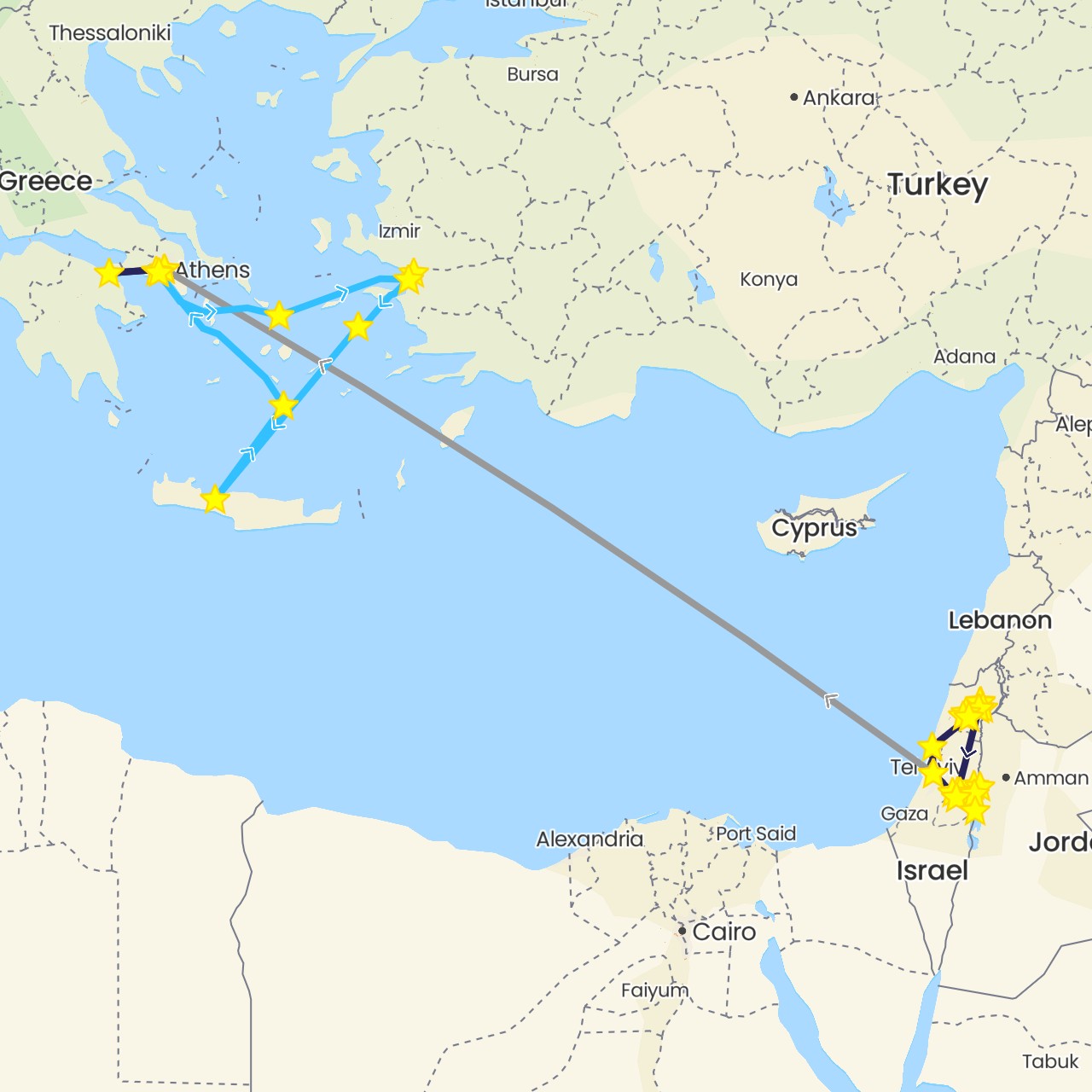 TravelMap itinerary: plane, boat, nativity bus in Greece, Israel, Jordan, Palestinian Territories, Turkey (Asia, Europe)