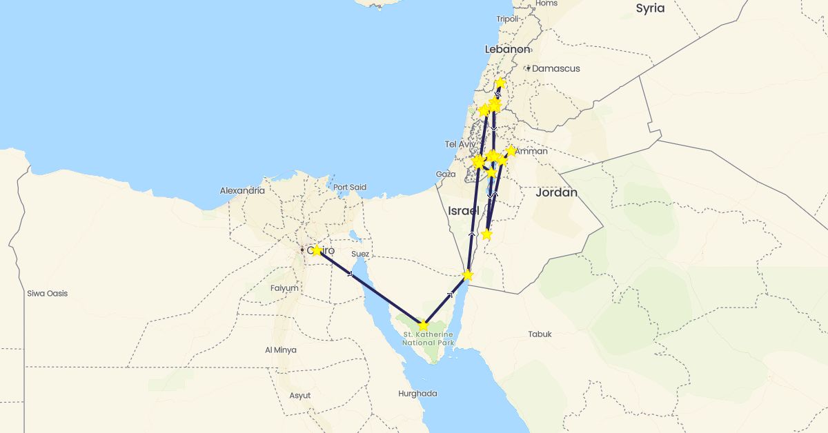 TravelMap itinerary: plane, boat, nativity bus in Egypt, Israel, Jordan, Palestinian Territories (Africa, Asia)