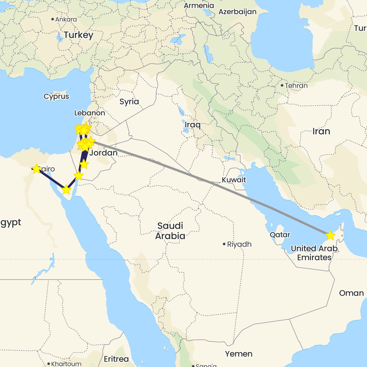 TravelMap itinerary: plane, nativity bus in United Arab Emirates, Egypt, Israel, Jordan, Palestinian Territories (Africa, Asia)