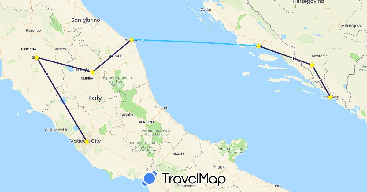 TravelMap itinerary: driving, boat, nativity bus in Bosnia and Herzegovina, Croatia, Italy (Europe)