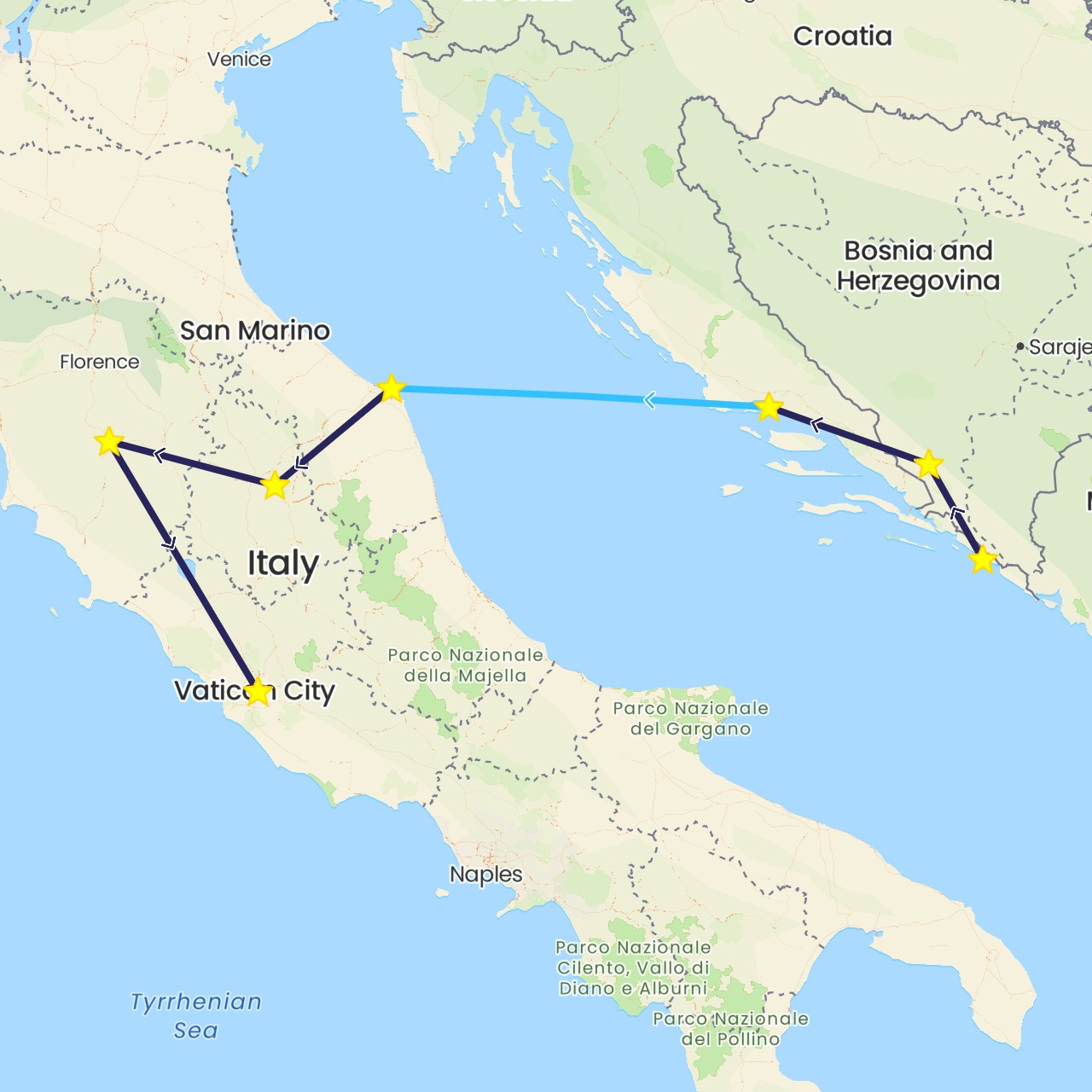 TravelMap itinerary: driving, boat, nativity bus in Bosnia and Herzegovina, Croatia, Italy (Europe)