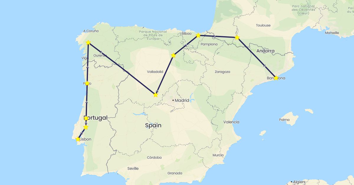 TravelMap itinerary: driving, nativity bus in Spain, France, Portugal (Europe)