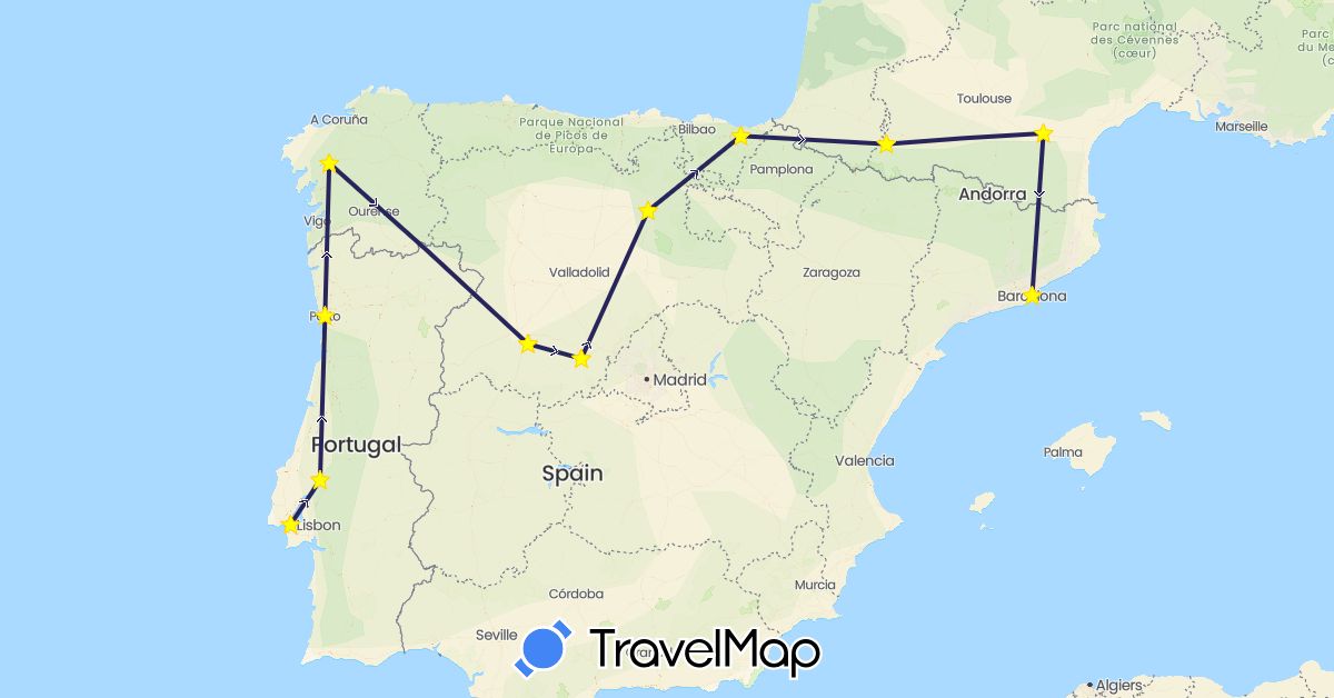 TravelMap itinerary: driving, nativity bus in Spain, France, Portugal (Europe)