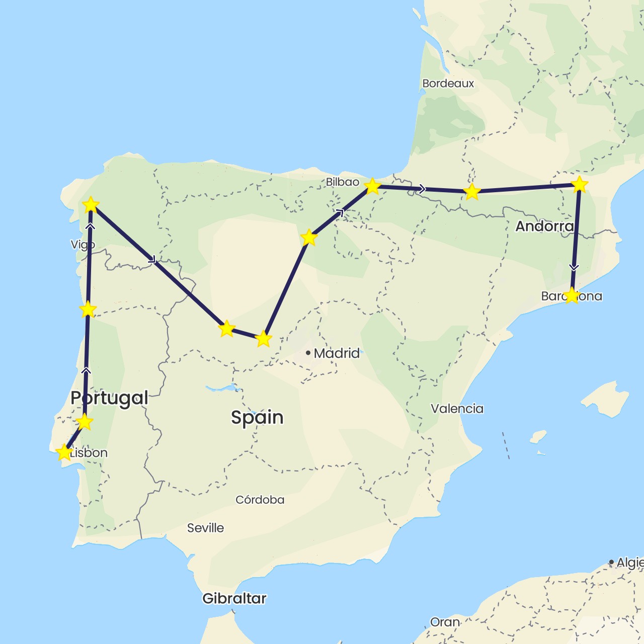 TravelMap itinerary: driving, nativity bus in Spain, France, Portugal (Europe)