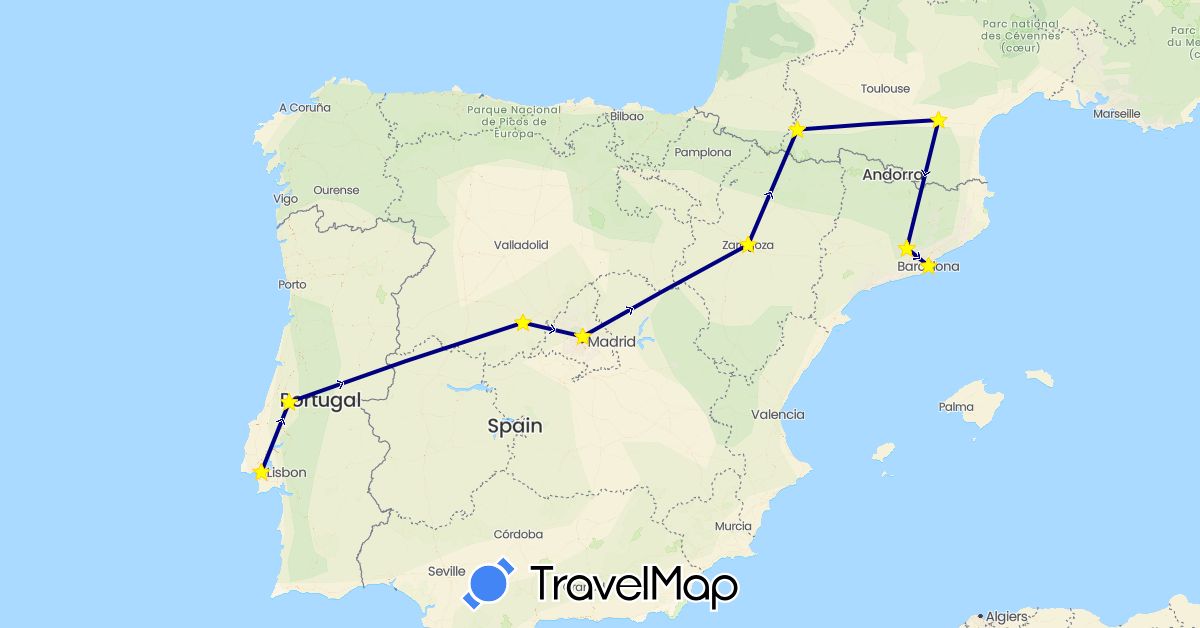 TravelMap itinerary: driving in Spain, France, Portugal (Europe)