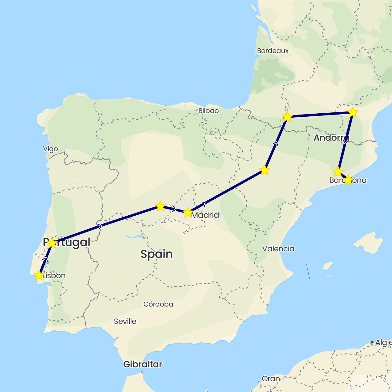 TravelMap itinerary: driving in Spain, France, Portugal (Europe)