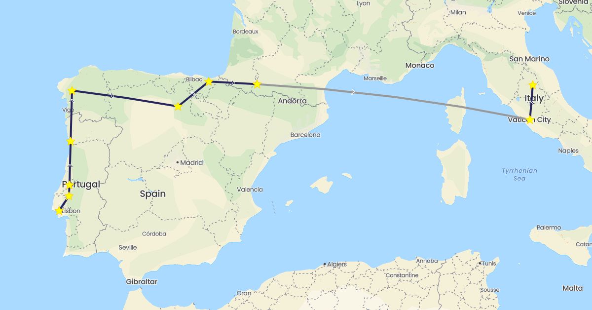 TravelMap itinerary: driving, plane, nativity bus in Spain, France, Italy, Portugal (Europe)