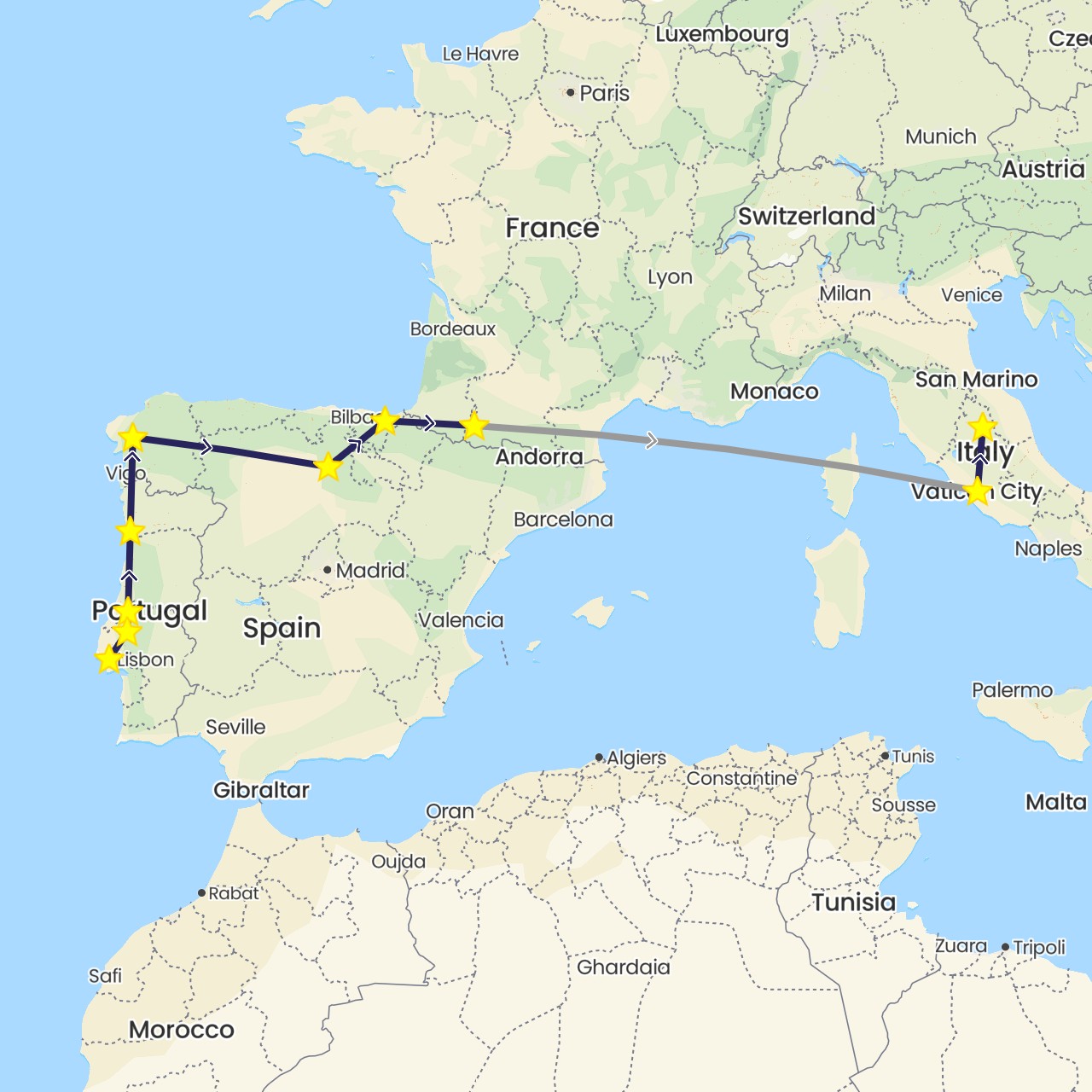 TravelMap itinerary: driving, plane, nativity bus in Spain, France, Italy, Portugal (Europe)