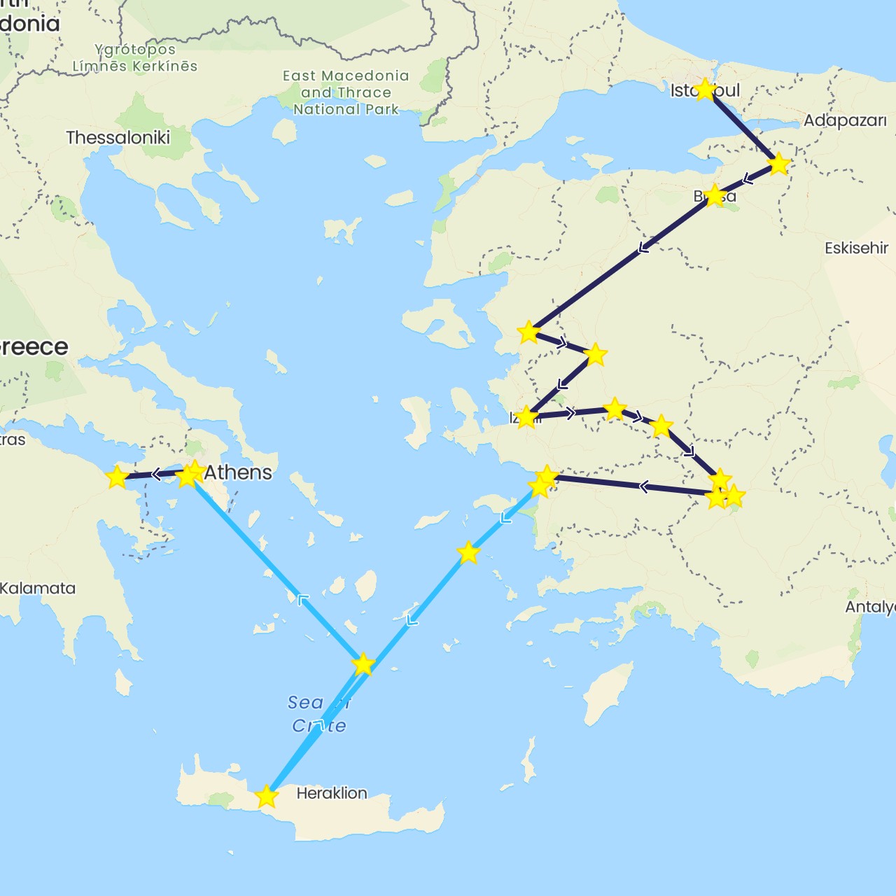 TravelMap itinerary: driving, boat, nativity bus in Greece, Turkey (Asia, Europe)
