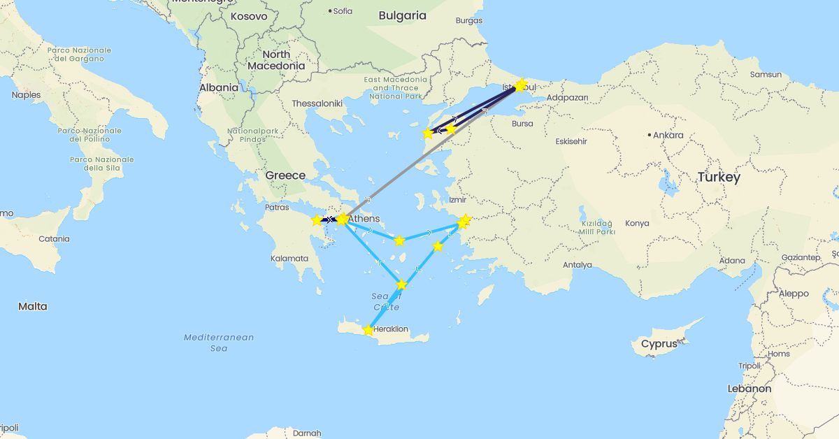 TravelMap itinerary: driving, plane, boat, nativity bus in Greece, Turkey (Asia, Europe)