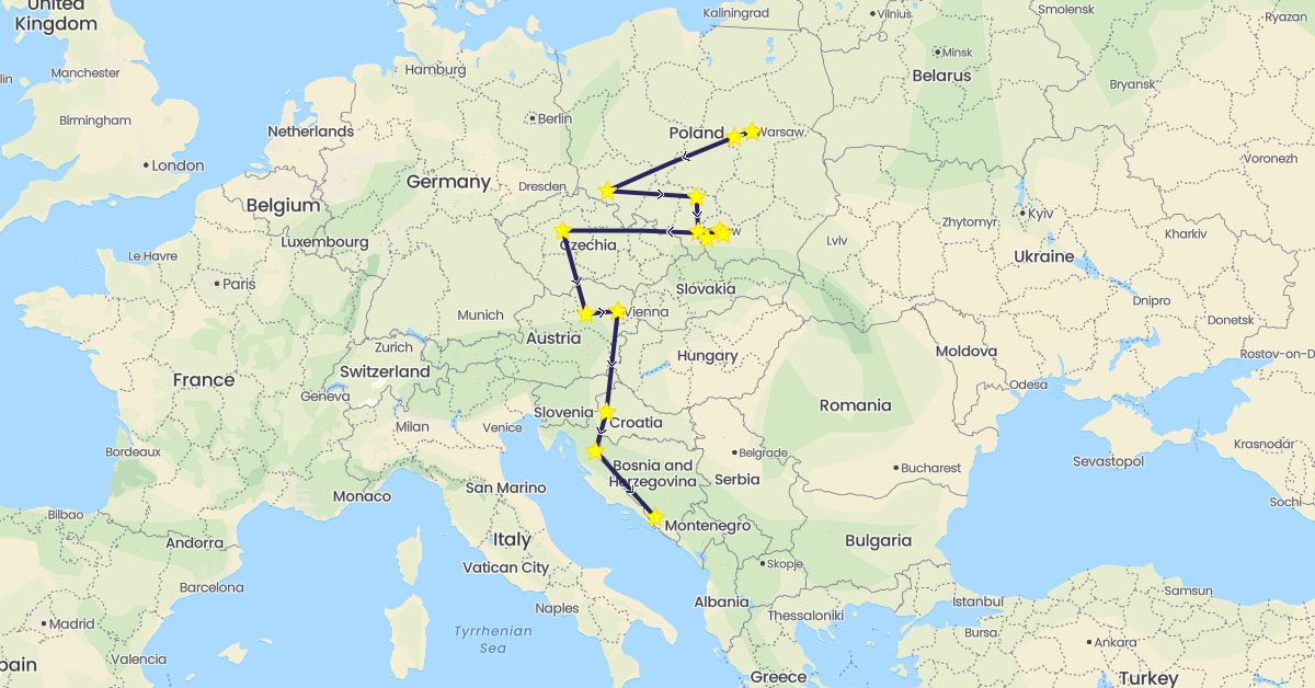 TravelMap itinerary: driving, nativity bus in Austria, Bosnia and Herzegovina, Czech Republic, Croatia, Poland (Europe)