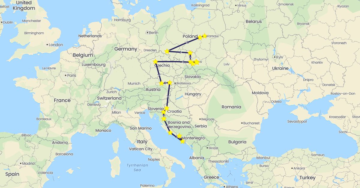 TravelMap itinerary: driving, nativity bus in Austria, Bosnia and Herzegovina, Czech Republic, Croatia, Poland (Europe)