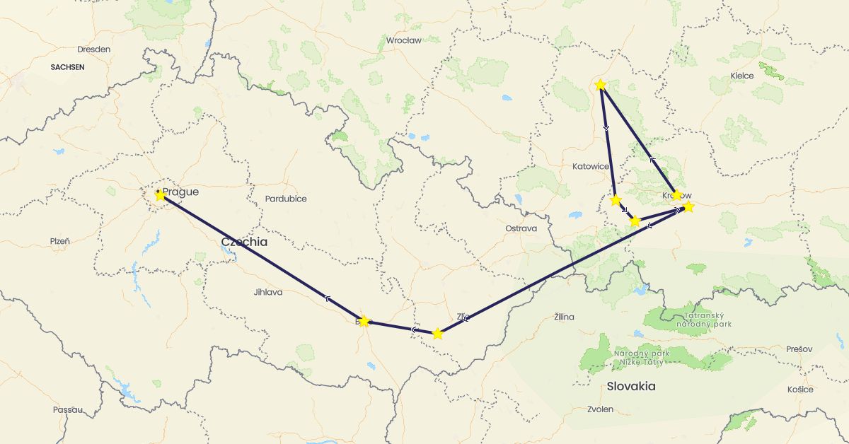 TravelMap itinerary: driving, nativity bus in Czech Republic, Poland (Europe)