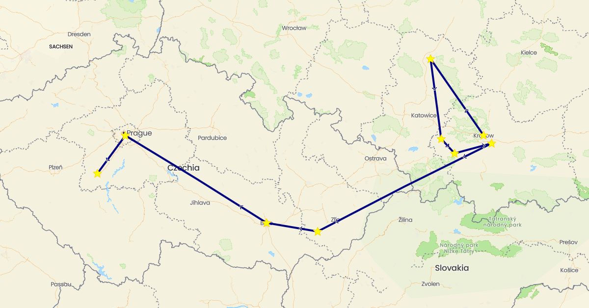 TravelMap itinerary: driving in Czech Republic, Poland (Europe)