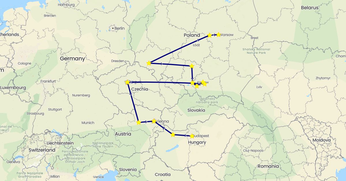 TravelMap itinerary: driving in Austria, Czech Republic, Hungary, Poland (Europe)