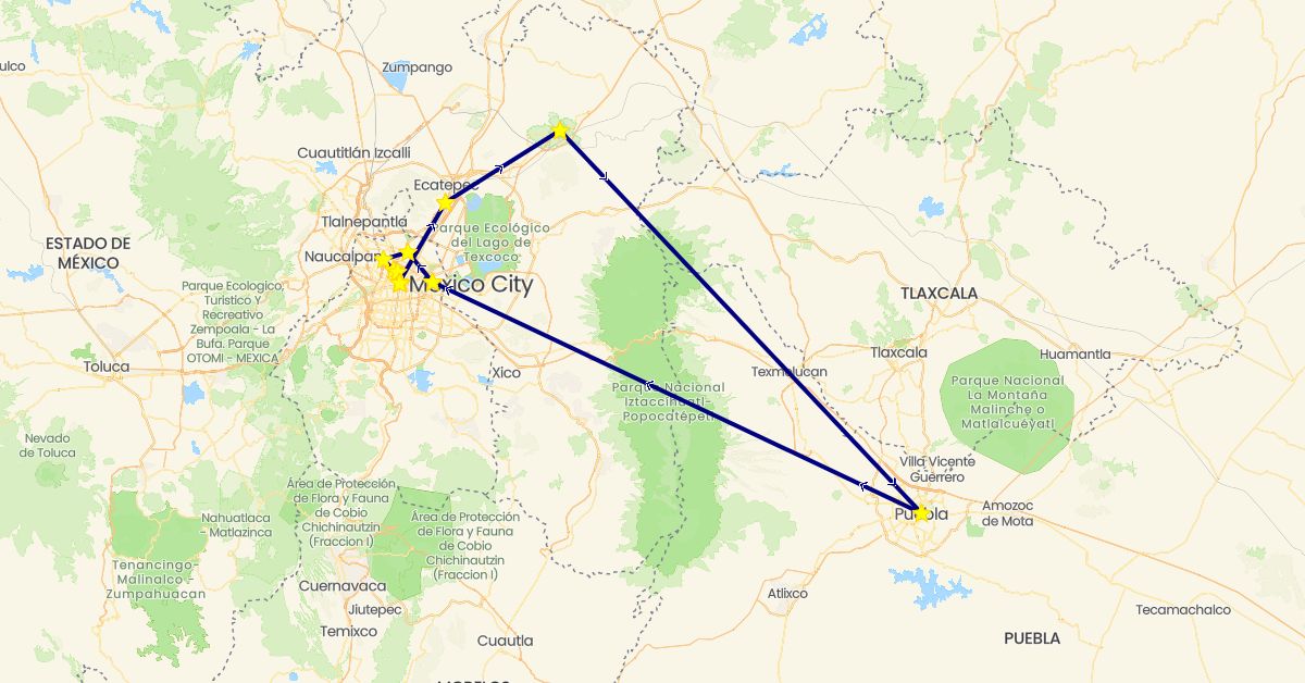 TravelMap itinerary: driving in Mexico (North America)
