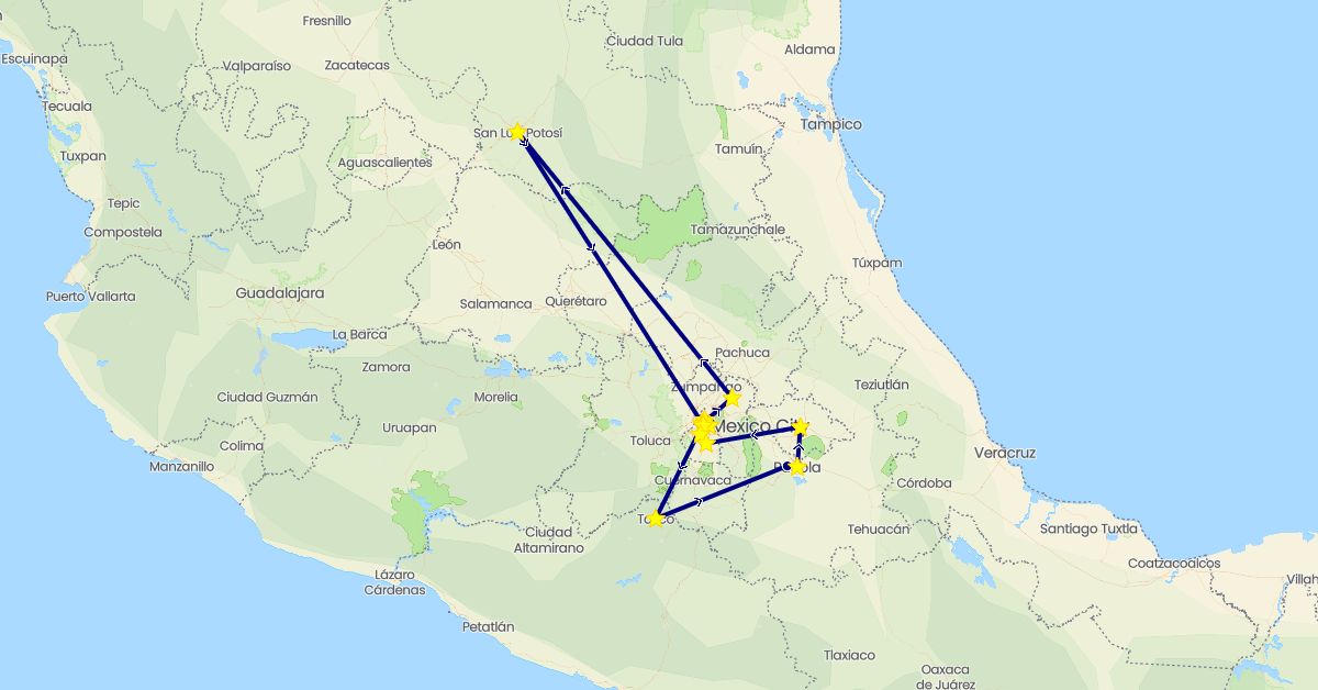 TravelMap itinerary: driving in Mexico (North America)