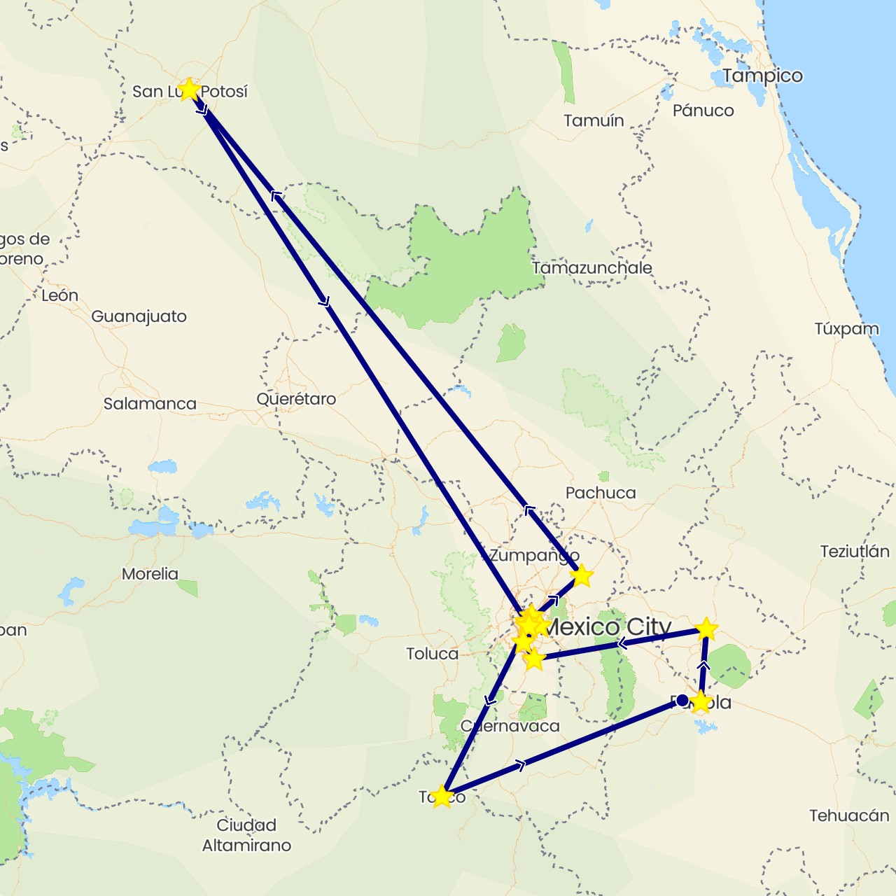 TravelMap itinerary: driving in Mexico (North America)