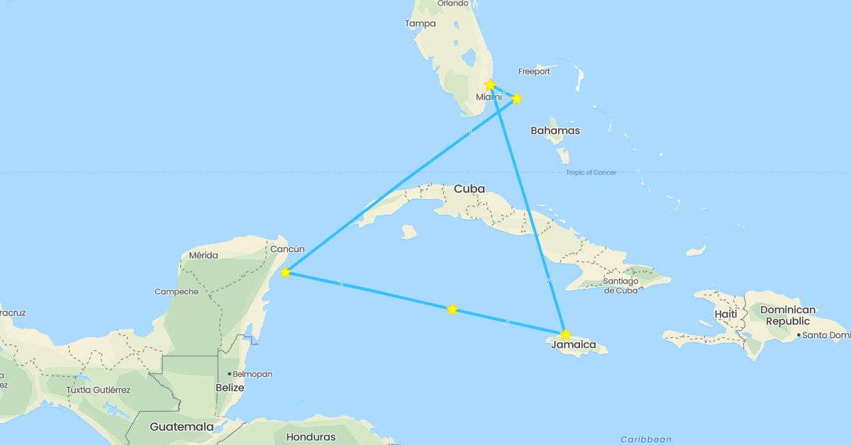 TravelMap itinerary: driving, boat in Bahamas, Jamaica, Cayman Islands, Mexico, United States (North America)