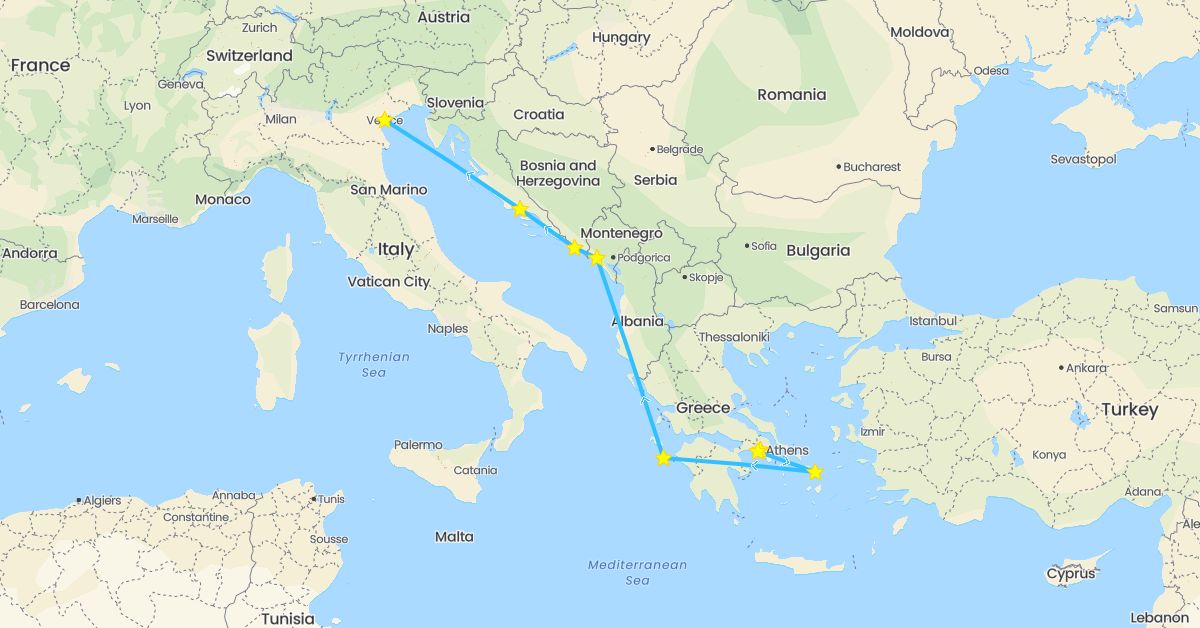 TravelMap itinerary: driving, boat in Greece, Croatia, Italy, Montenegro (Europe)