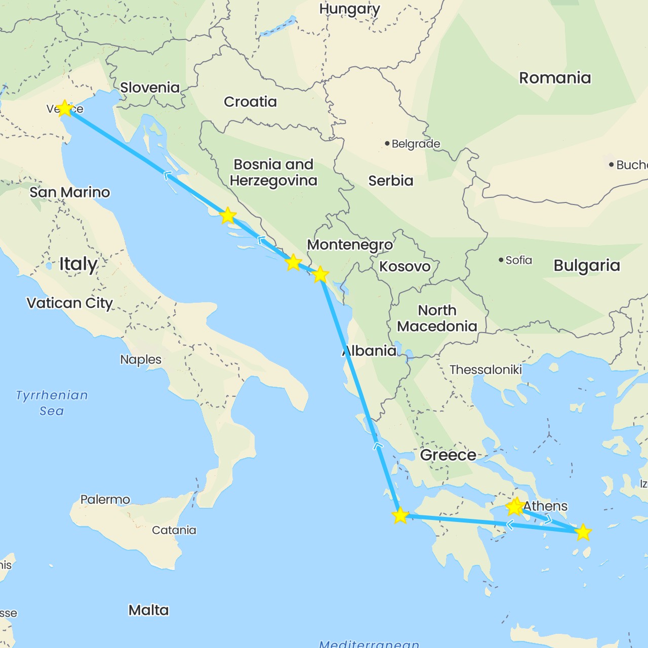TravelMap itinerary: driving, boat in Greece, Croatia, Italy, Montenegro (Europe)