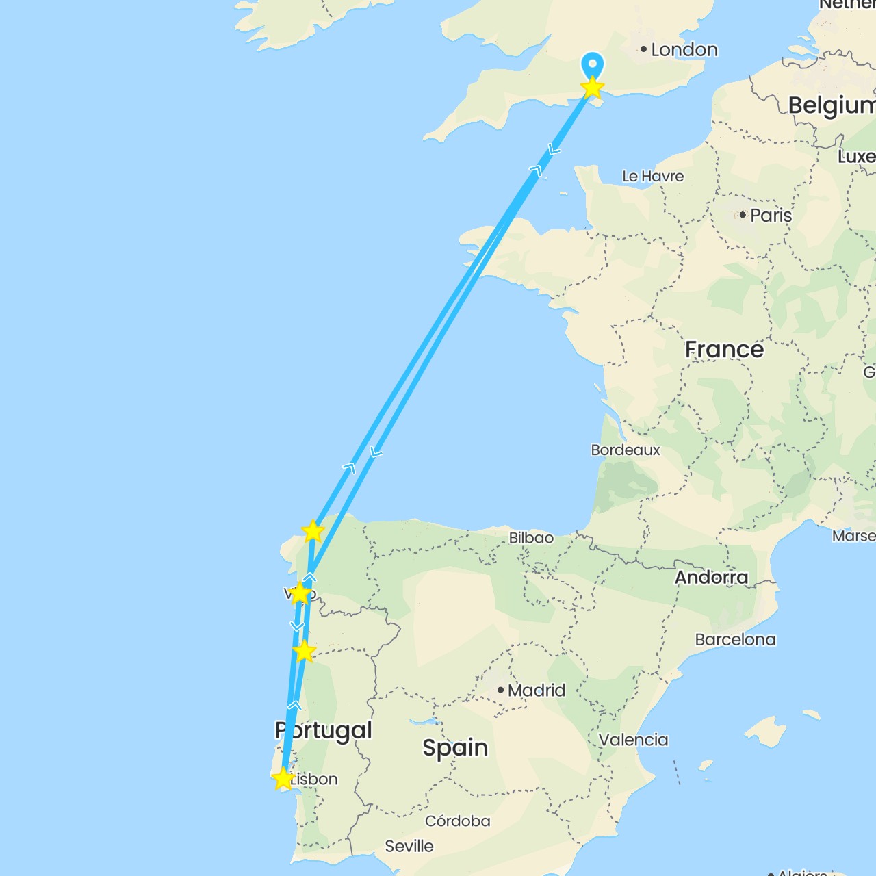 TravelMap itinerary: boat in Spain, United Kingdom, Portugal (Europe)