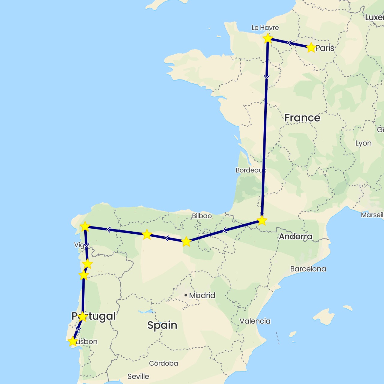 TravelMap itinerary: driving in Spain, France, Portugal (Europe)