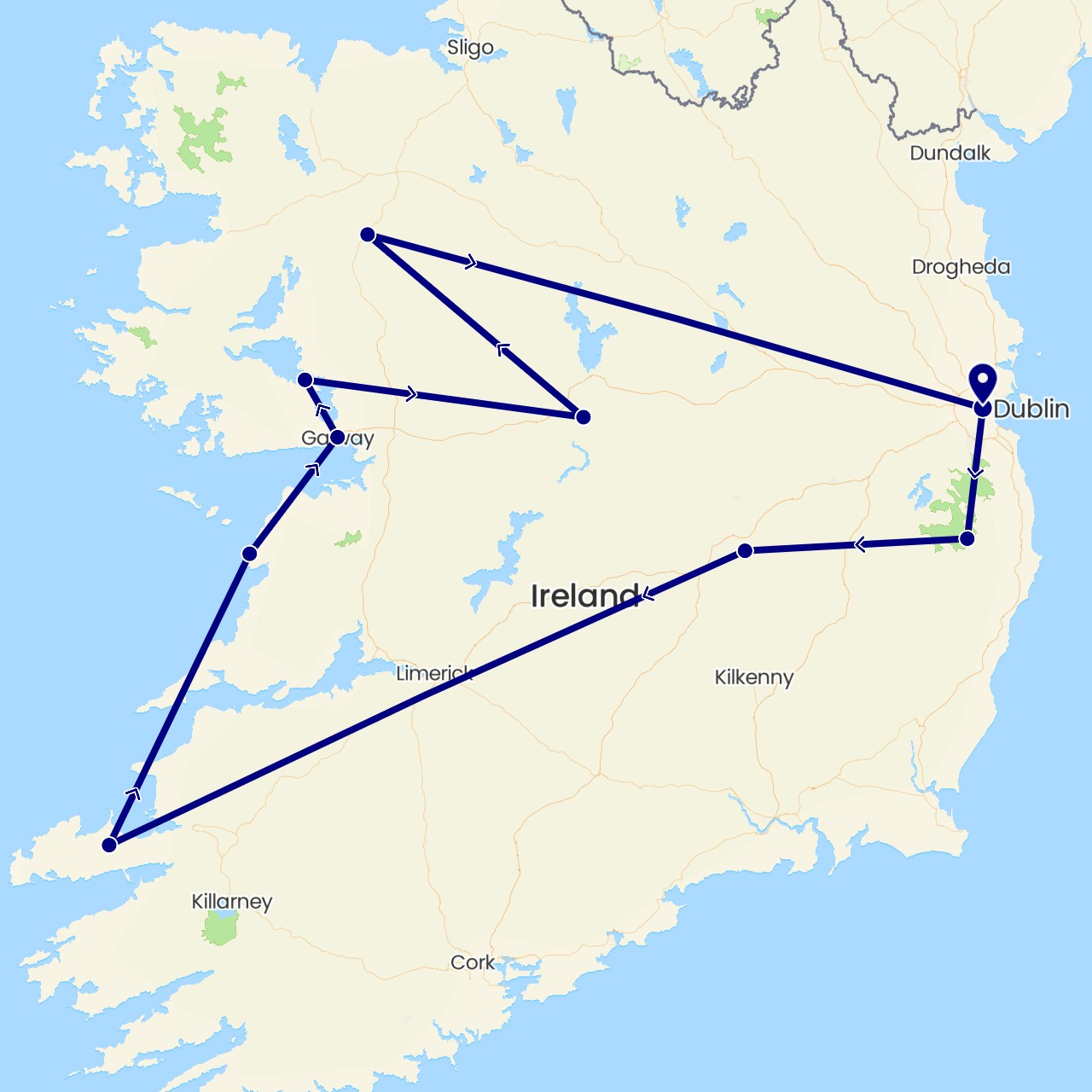 TravelMap itinerary: driving in Ireland (Europe)