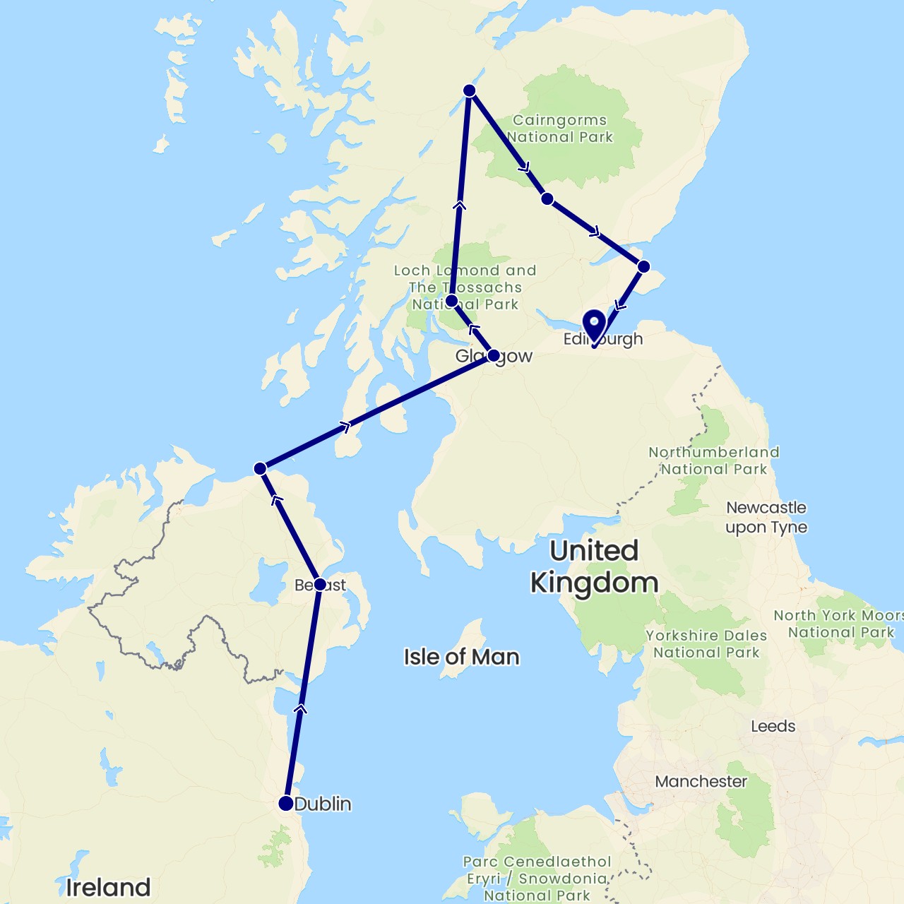 TravelMap itinerary: driving in United Kingdom, Ireland (Europe)