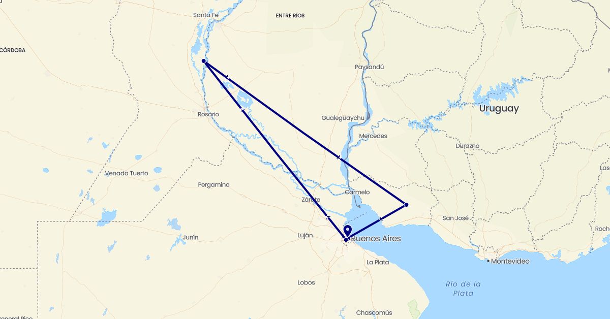 TravelMap itinerary: driving in Argentina, Uruguay (South America)