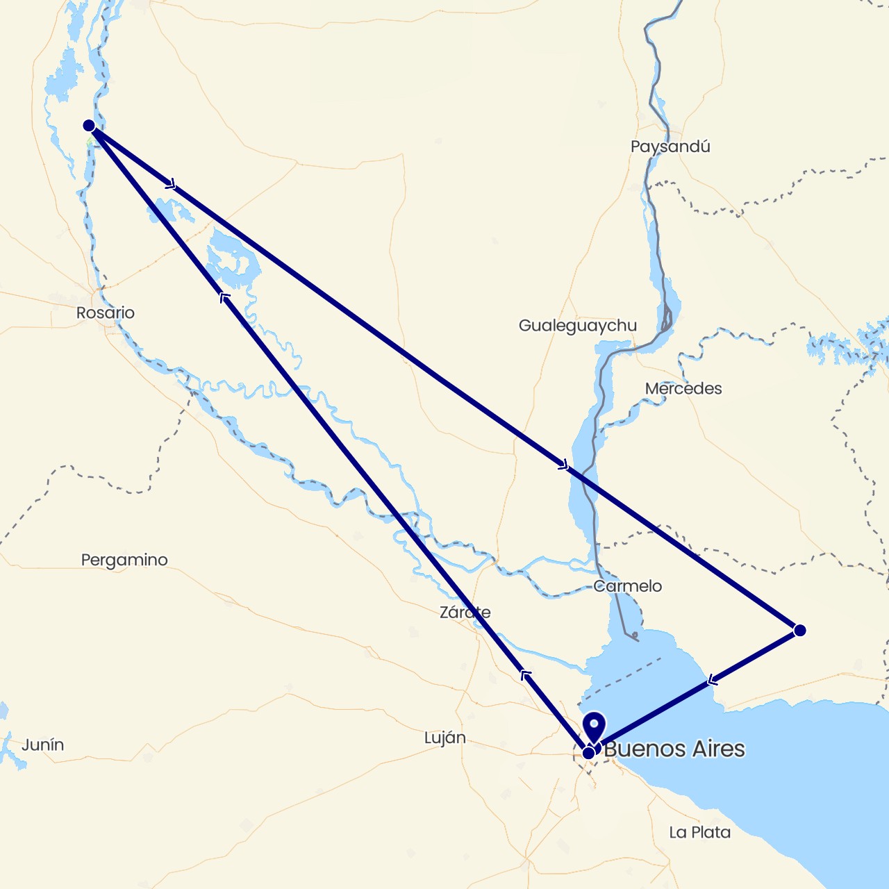 TravelMap itinerary: driving in Argentina, Uruguay (South America)