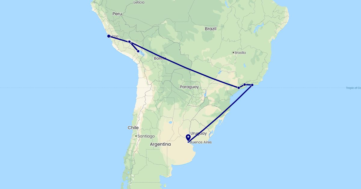 TravelMap itinerary: driving in Argentina, Brazil, Peru (South America)