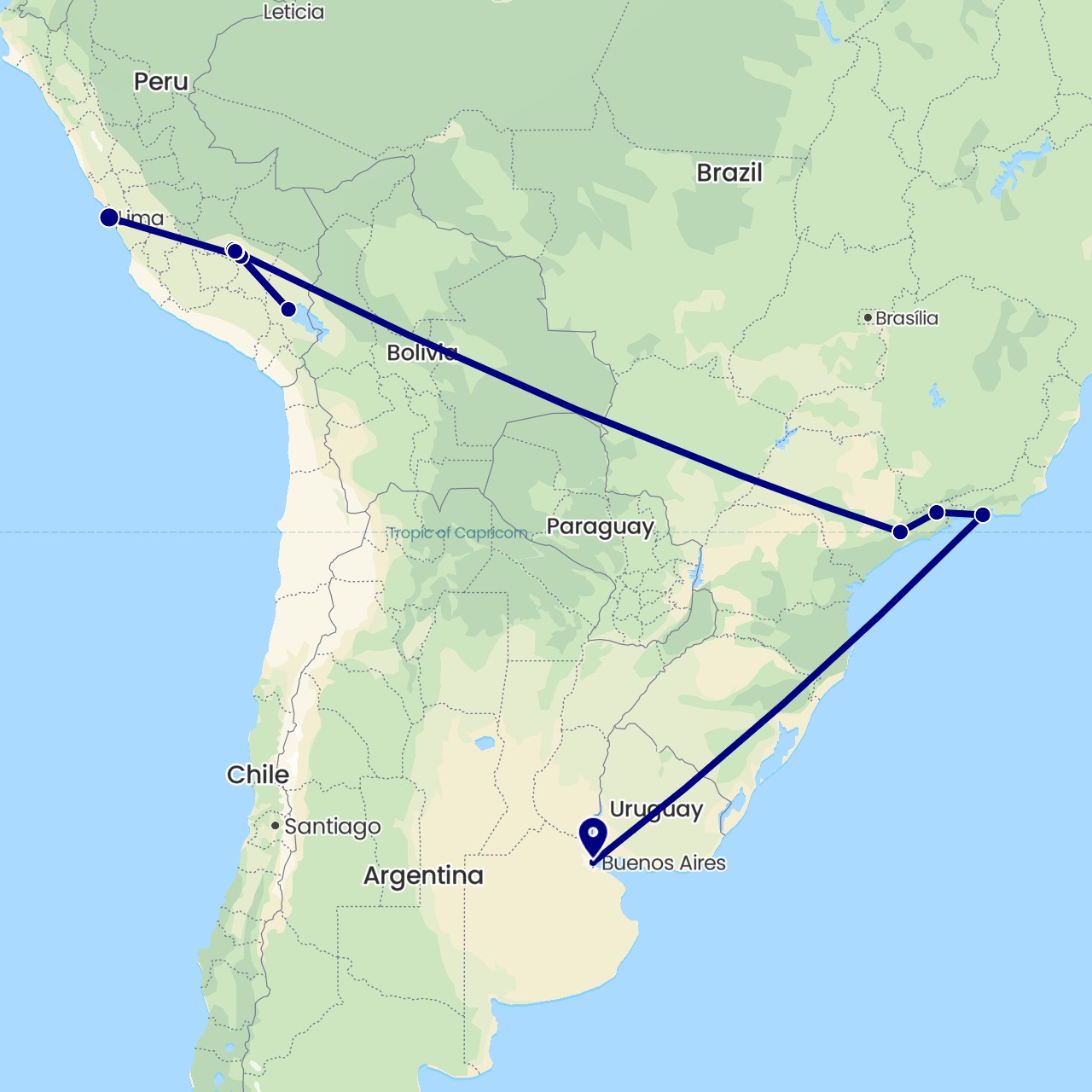TravelMap itinerary: driving in Argentina, Brazil, Peru (South America)