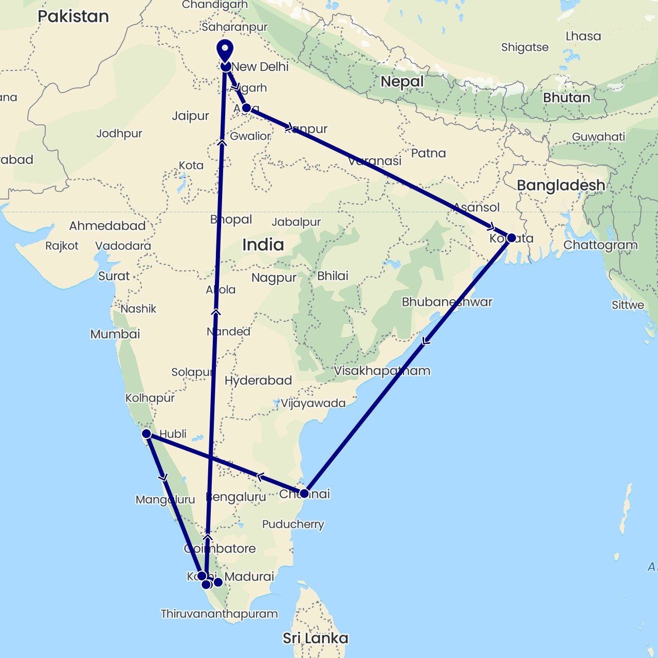 TravelMap itinerary: driving in India (Asia)