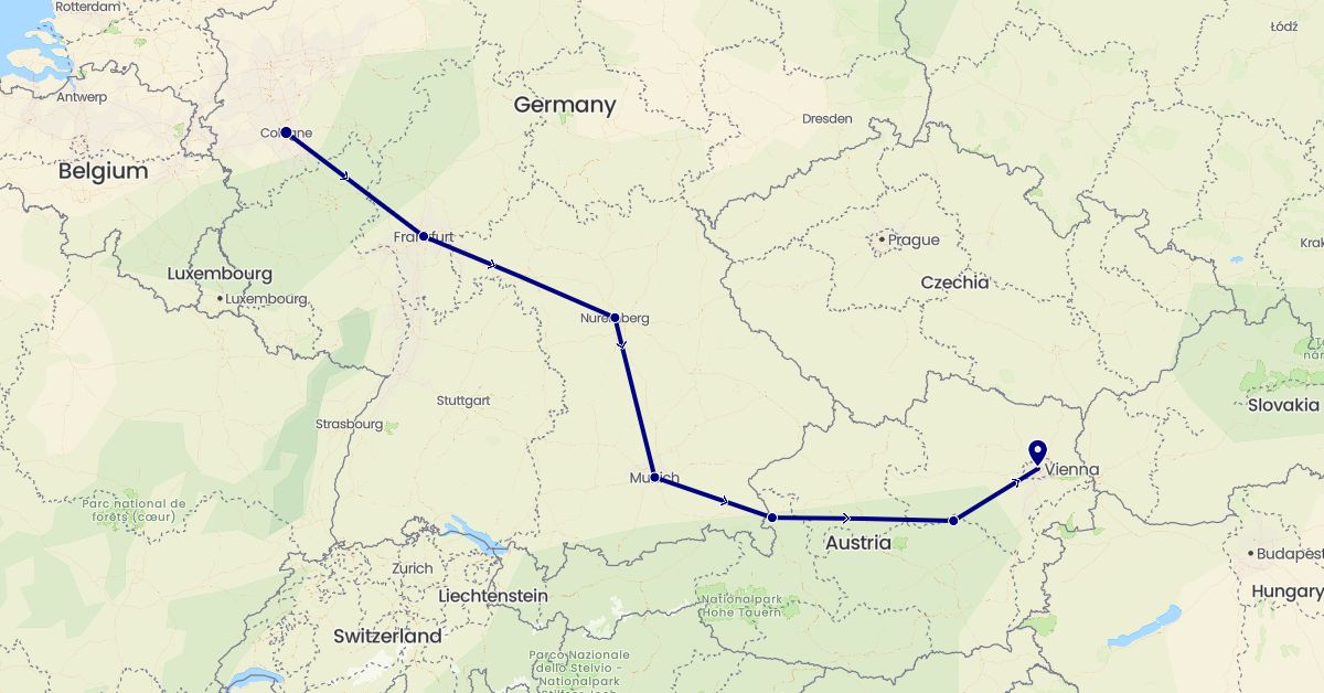 TravelMap itinerary: driving in Austria, Germany (Europe)