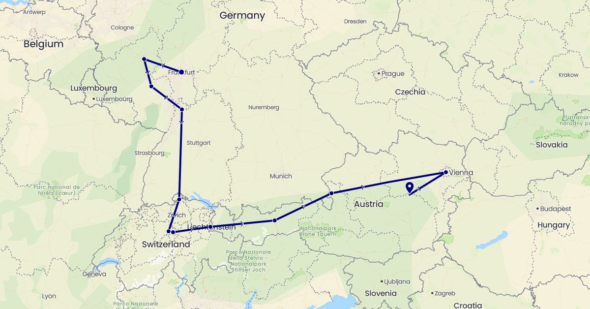 TravelMap itinerary: driving in Austria, Switzerland, Germany, Liechtenstein (Europe)