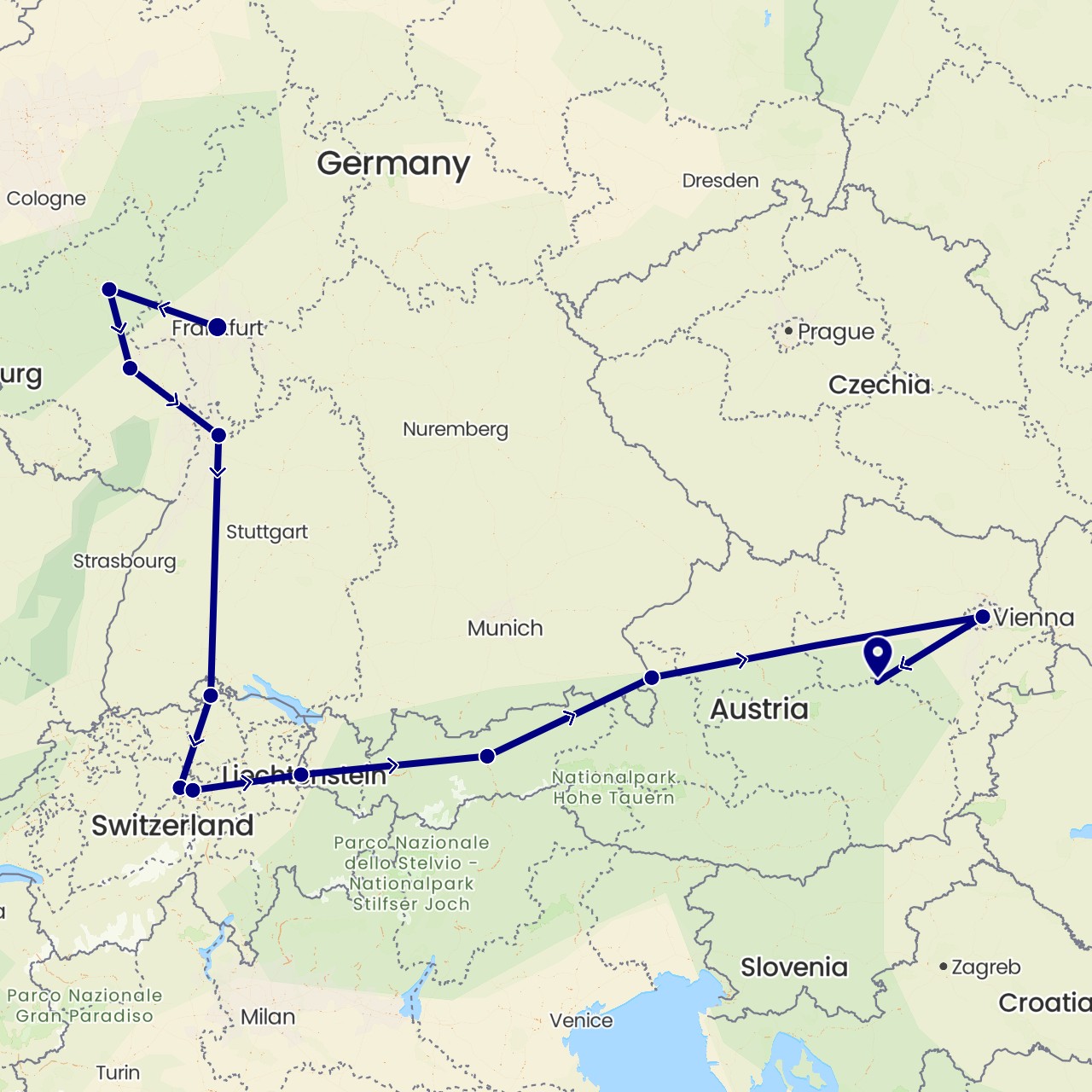 TravelMap itinerary: driving in Austria, Switzerland, Germany, Liechtenstein (Europe)