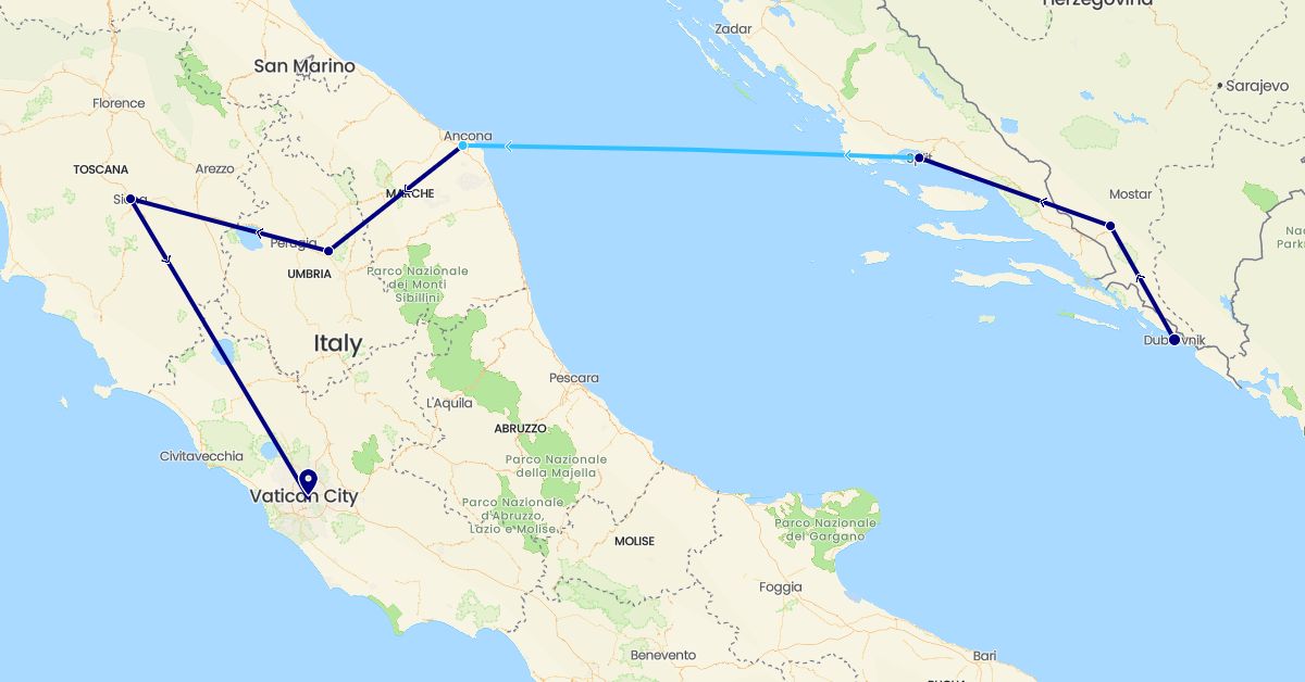 TravelMap itinerary: driving, boat in Bosnia and Herzegovina, Croatia, Italy (Europe)