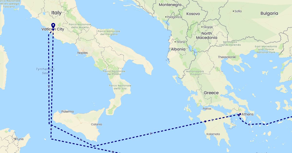 TravelMap itinerary: driving in Greece, Israel, Italy, Turkey (Asia, Europe)