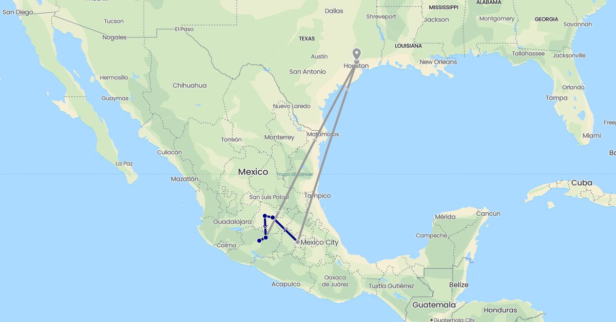TravelMap itinerary: driving, plane in Mexico, United States (North America)