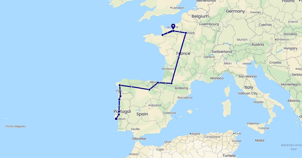TravelMap itinerary: driving in Spain, France, Portugal (Europe)