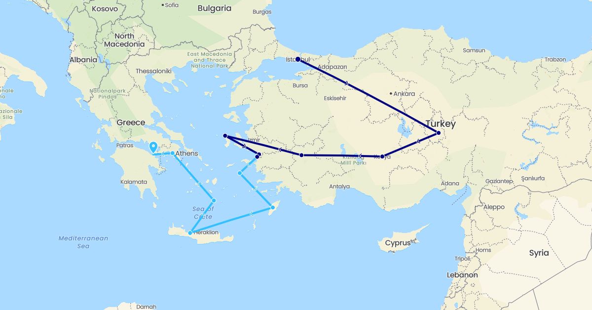 TravelMap itinerary: driving, boat in Greece, Turkey (Asia, Europe)